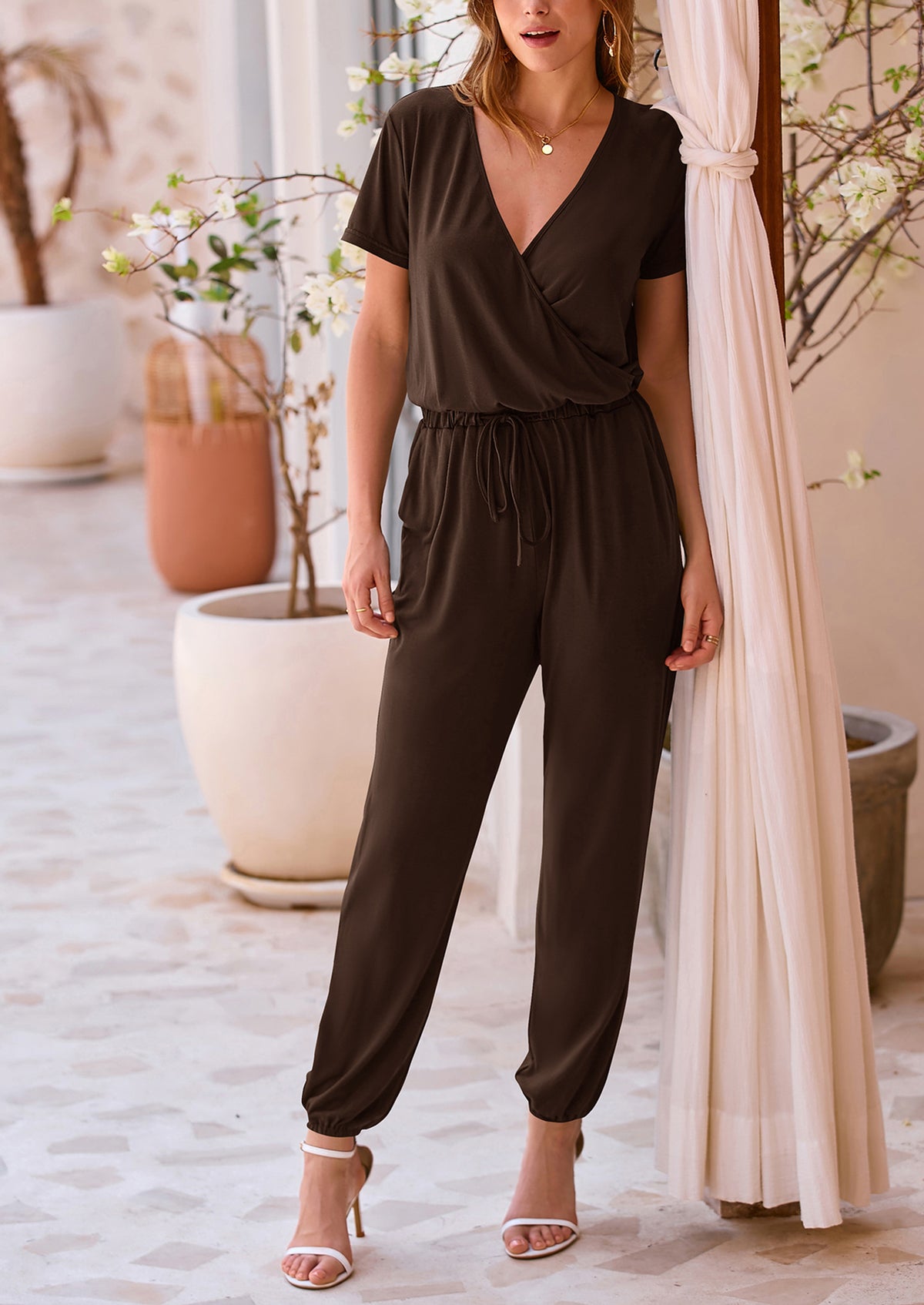 Deep V Neck Wrap Drawstring Waist Jumpsuits