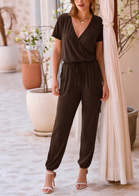Deep V Neck Wrap Drawstring Waist Jumpsuits