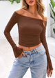 Long Sleeve Casual Off Shoulder Ruched Mesh Slim Fit Going Out Blouses