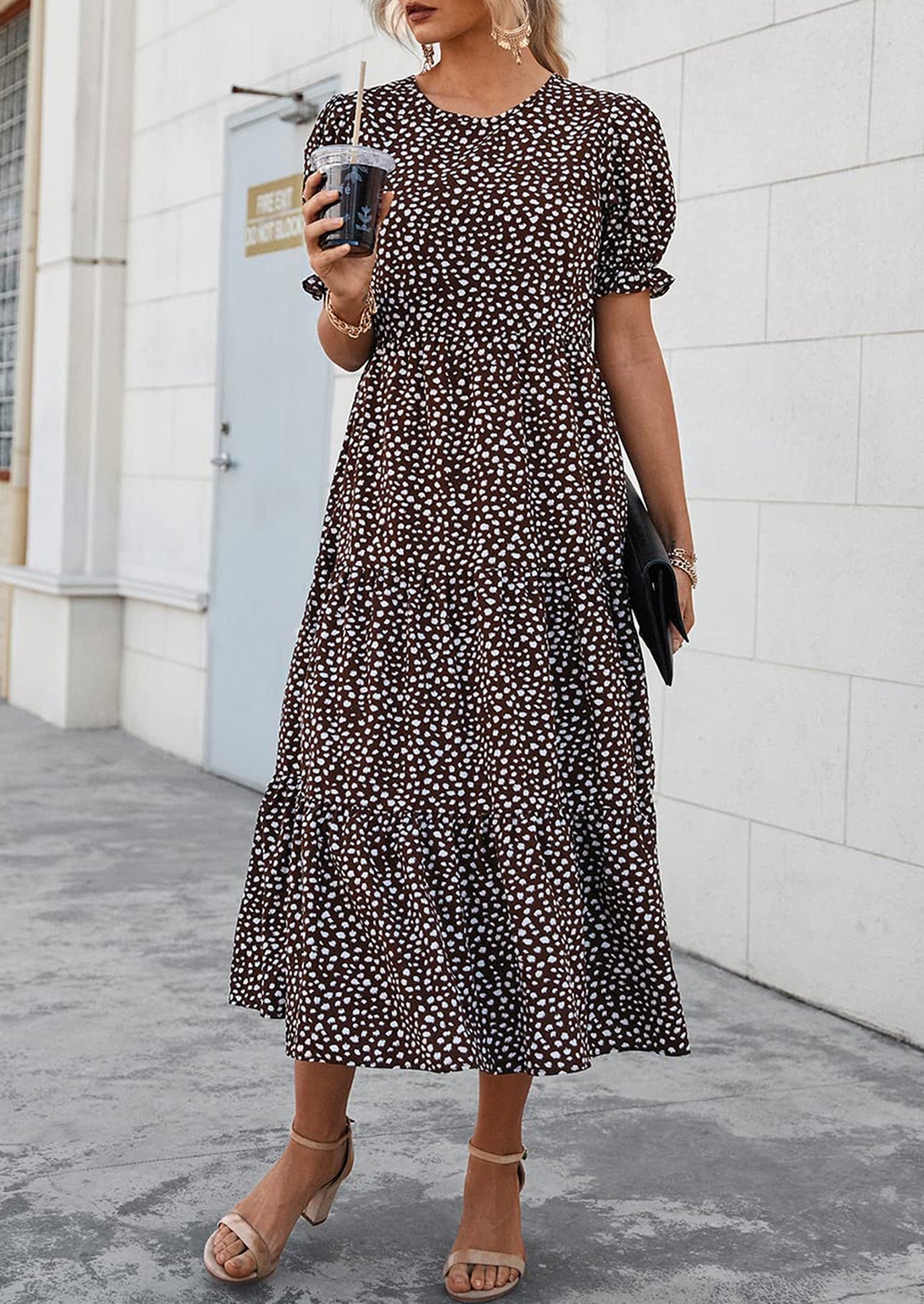Casual Boho Floral Print Ruffle Puff Short Sleeve Flowy Beach Party Midi Dresses