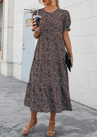 Casual Boho Floral Print Ruffle Puff Short Sleeve Flowy Beach Party Midi Dresses