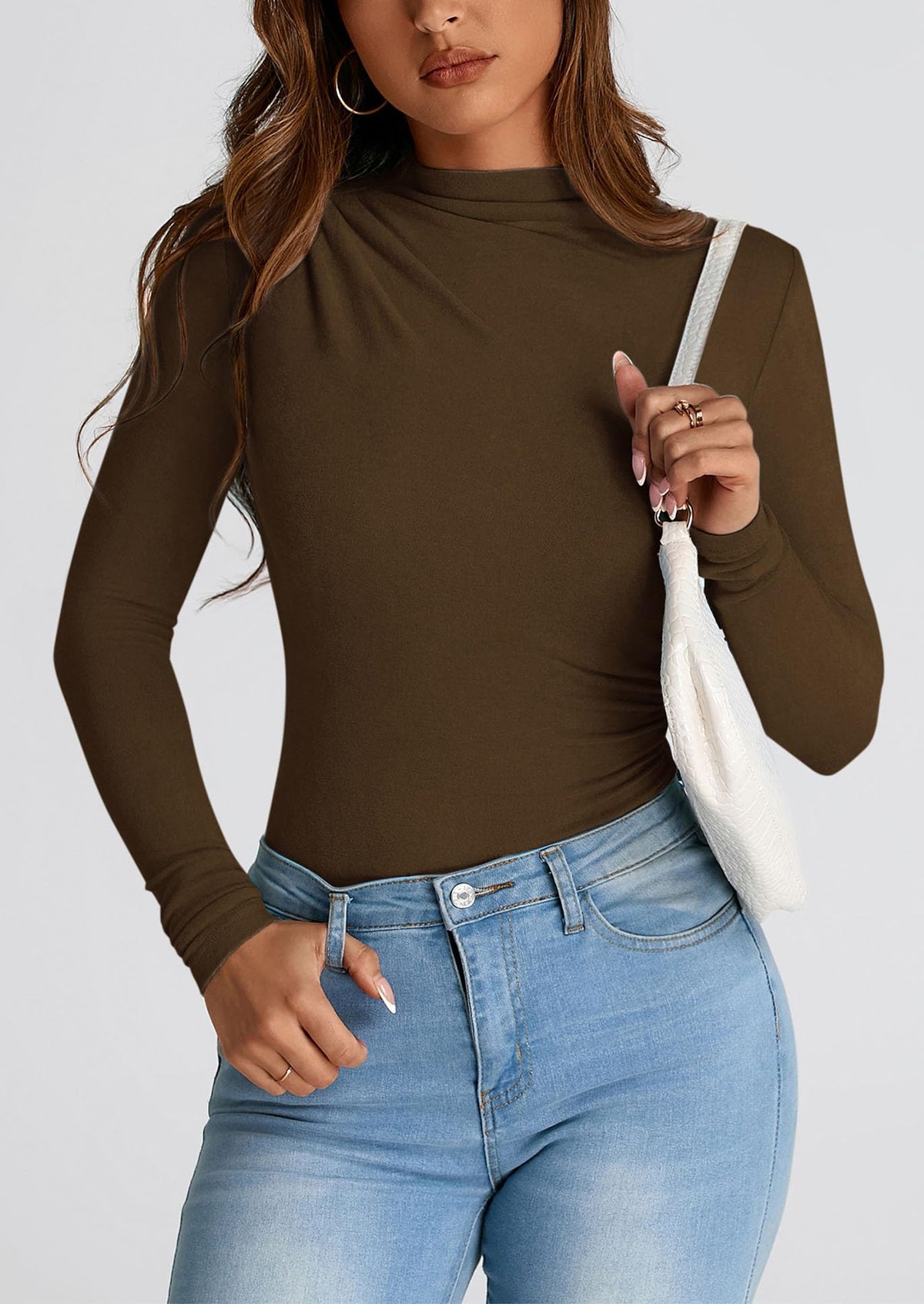 Y2K Long Sleeve Mock Neck Ruched Slim Fitted Casual Blouses