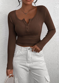 Long Sleeve Henley Button Down Ribbed Knit Slim Fit Casual T-shirts