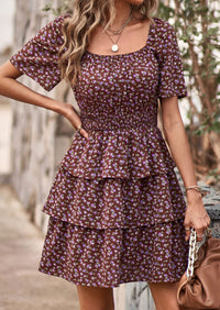 Floral Square Neck Short Sleeve Tiered Ruffle Boho Dresses