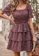 Floral Square Neck Short Sleeve Tiered Ruffle Boho Dresses