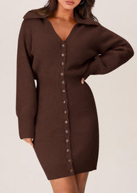 Long Sleeve V Neck Button Down Knit Pullover Sweater Dresses