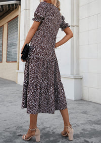 Casual Boho Floral Print Ruffle Puff Short Sleeve Flowy Beach Party Midi Dresses