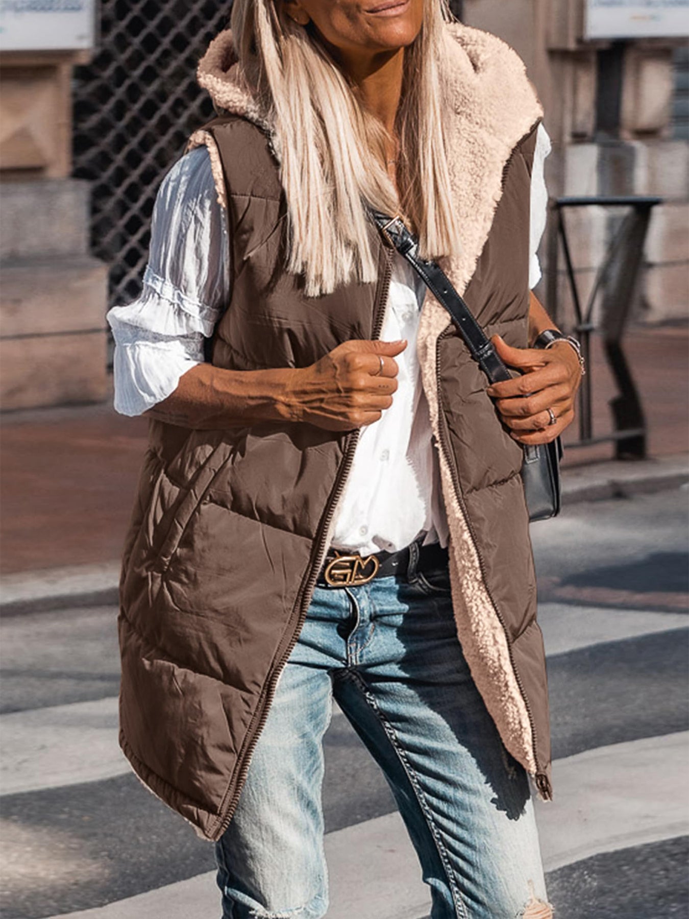 PRETTYGARDEN Womens Fall Reversible Vests Sleeveless Fleece Jacket Zip Up Hoodie Pockets Long Warm Winter Coat Outerwear