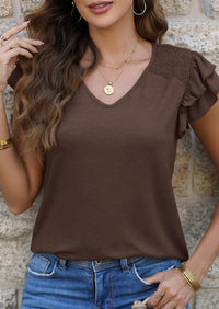 Casual Ruffle Short Sleeve V Neck T-shirts