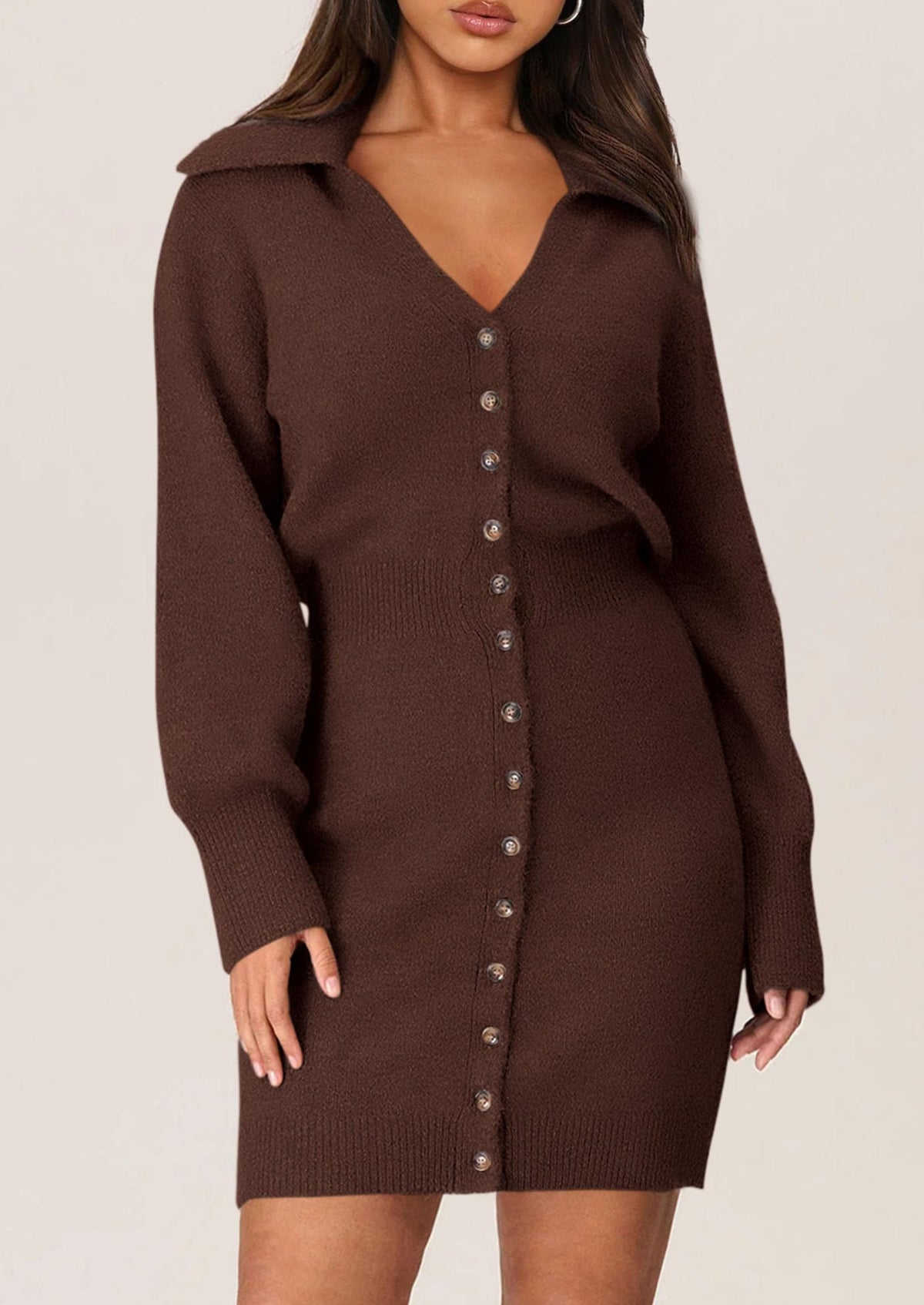 Long Sleeve V Neck Button Down Knit Pullover Sweater Dresses