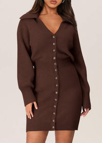 Long Sleeve V Neck Button Down Knit Pullover Sweater Dresses
