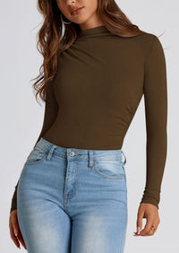 Y2K Long Sleeve Mock Neck Ruched Slim Fitted Casual Blouses