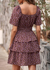 Floral Square Neck Short Sleeve Tiered Ruffle Boho Dresses