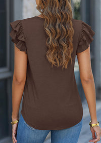 Casual Ruffle Short Sleeve V Neck T-shirts