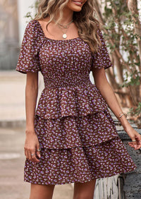 Floral Square Neck Short Sleeve Tiered Ruffle Boho Dresses
