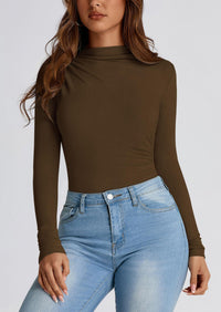 Y2K Long Sleeve Mock Neck Ruched Slim Fitted Casual Blouses