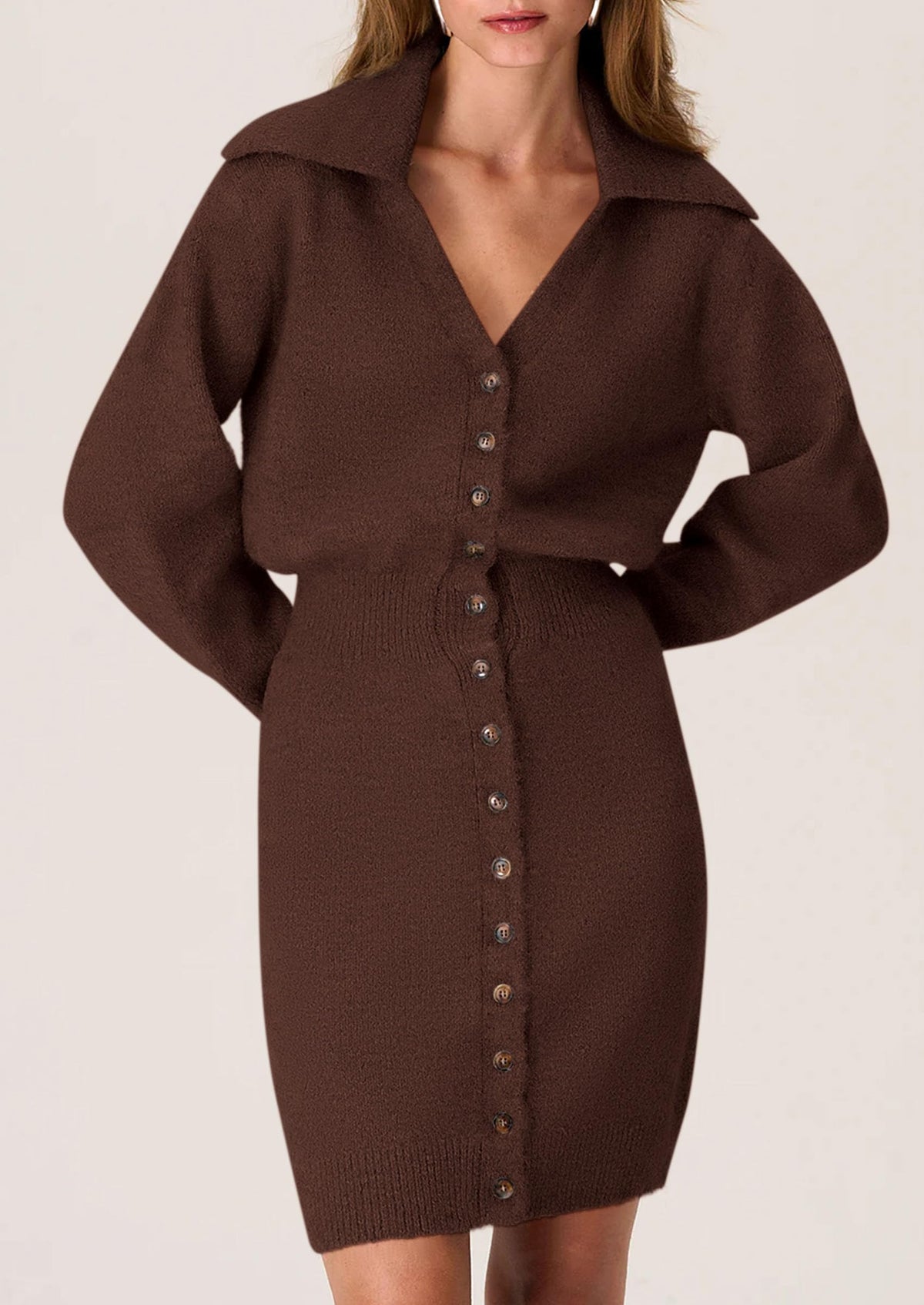 Long Sleeve V Neck Button Down Knit Pullover Sweater Dresses