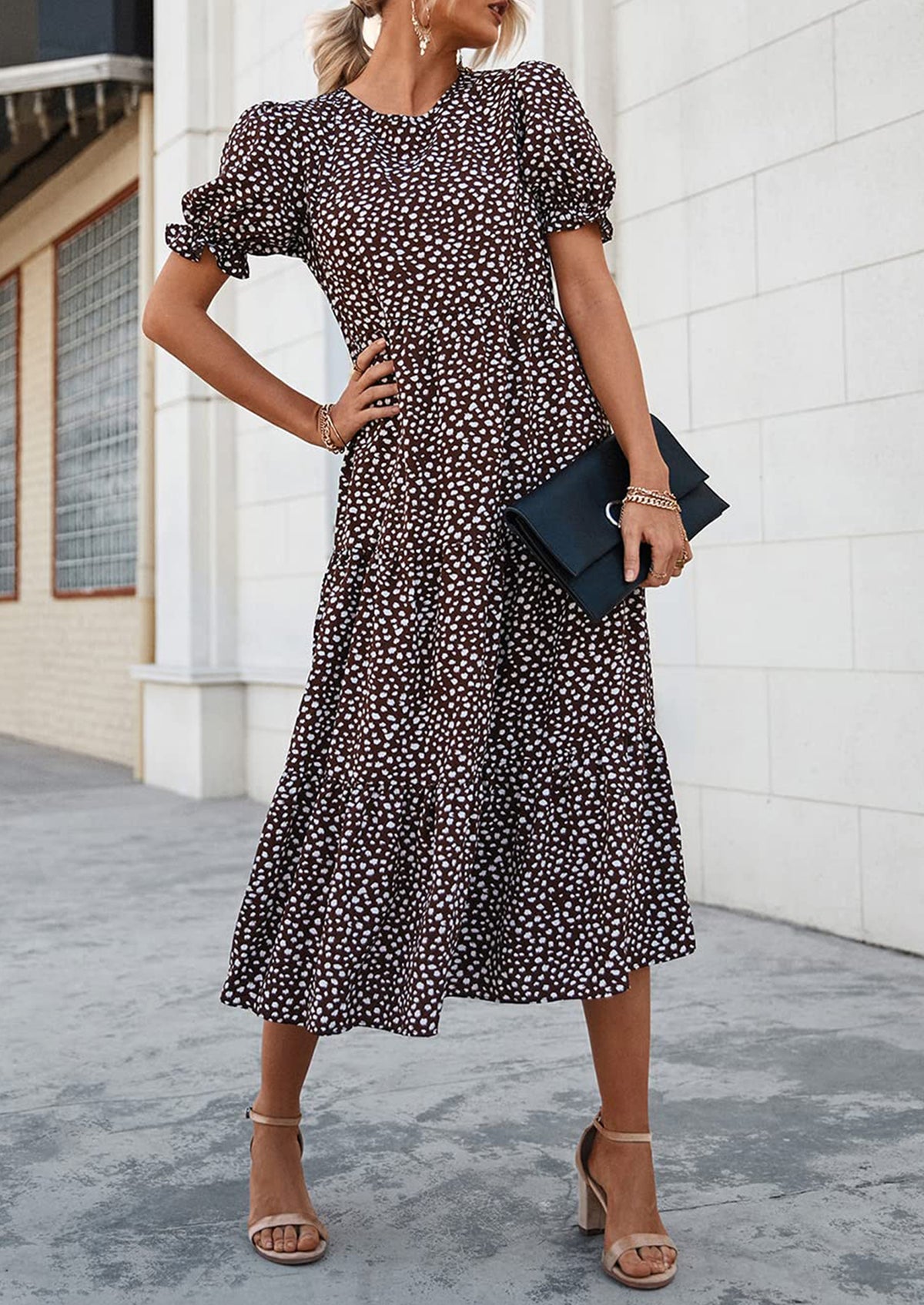 Casual Boho Floral Print Ruffle Puff Short Sleeve Flowy Beach Party Midi Dresses