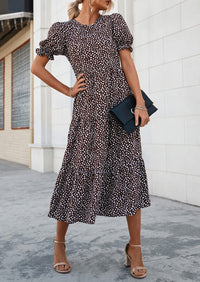 Casual Boho Floral Print Ruffle Puff Short Sleeve Flowy Beach Party Midi Dresses