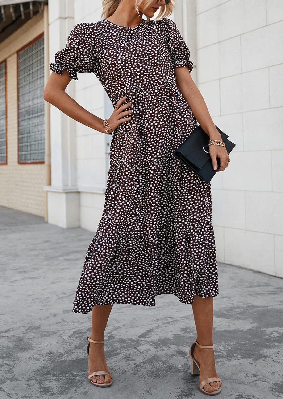 Casual Boho Floral Print Ruffle Puff Short Sleeve Flowy Beach Party Midi Dresses