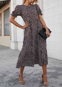 Casual Boho Floral Print Ruffle Puff Short Sleeve Flowy Beach Party Midi Dresses