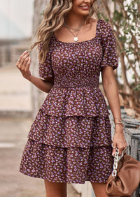 Floral Square Neck Short Sleeve Tiered Ruffle Boho Dresses