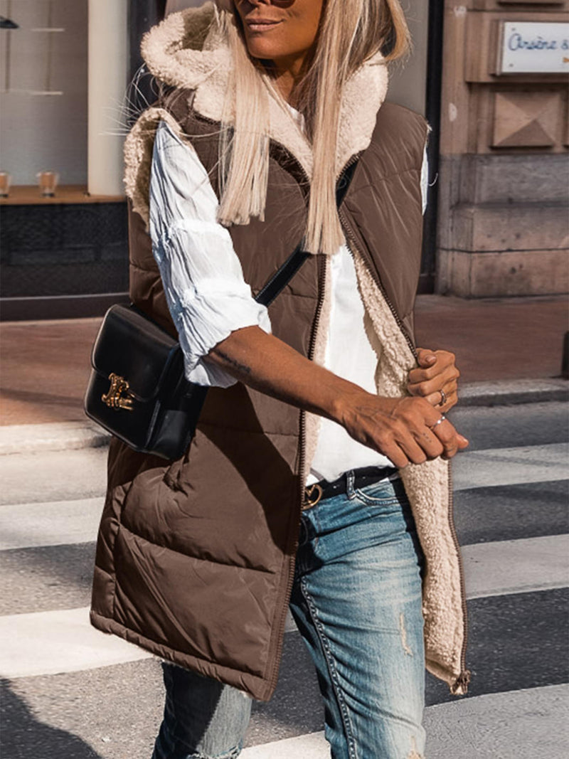 PRETTYGARDEN Womens Fall Reversible Vests Sleeveless Fleece Jacket Zip Up Hoodie Pockets Long Warm Winter Coat Outerwear