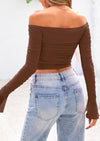PRETTYGARDEN Off The Shoulder Tops for Women Trendy Ruched Mesh Slim Fit Long Sleeve Shirts Y2K Going Out Summer Outfits