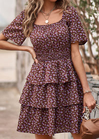 Floral Square Neck Short Sleeve Tiered Ruffle Boho Dresses
