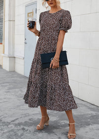 Casual Boho Floral Print Ruffle Puff Short Sleeve Flowy Beach Party Midi Dresses