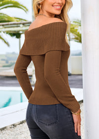 Off-Shoulder Y2K Long Sleeve Ribbed Knit Fitted Sweaters