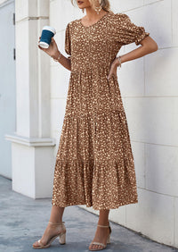 Casual Boho Floral Print Ruffle Puff Short Sleeve Flowy Beach Party Midi Dresses