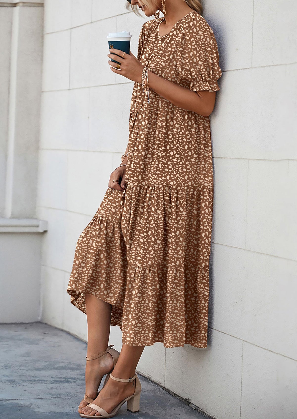 Casual Boho Floral Print Ruffle Puff Short Sleeve Flowy Beach Party Midi Dresses