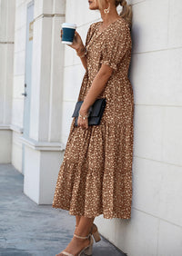 Casual Boho Floral Print Ruffle Puff Short Sleeve Flowy Beach Party Midi Dresses