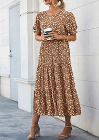 Casual Boho Floral Print Ruffle Puff Short Sleeve Flowy Beach Party Midi Dresses