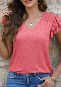 Casual Ruffle Short Sleeve V Neck T-shirts