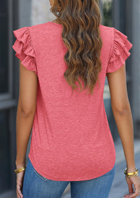 Casual Ruffle Short Sleeve V Neck T-shirts