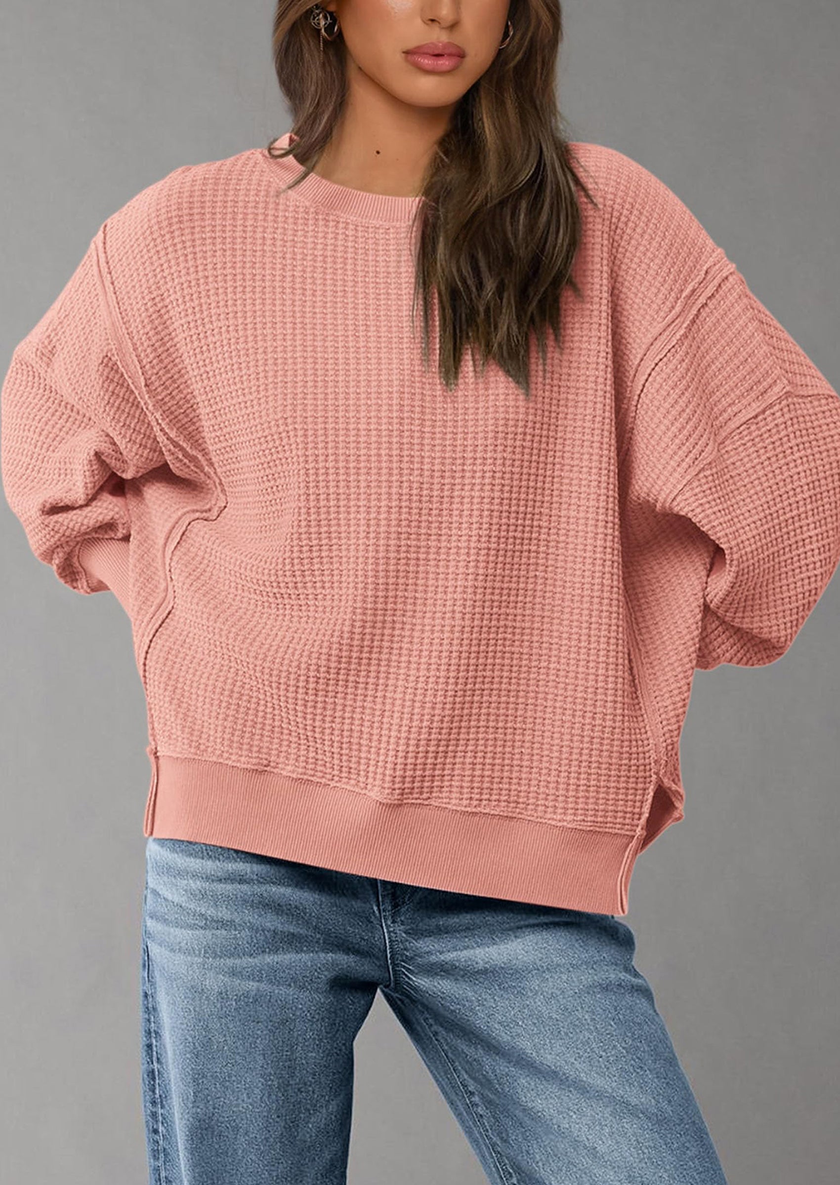 PRETTYGARDEN Oversized Sweatshirt for Women Fashion Crewneck Long Sleeve Pullover Waffle Knit Tops Fall Trendy Clothes