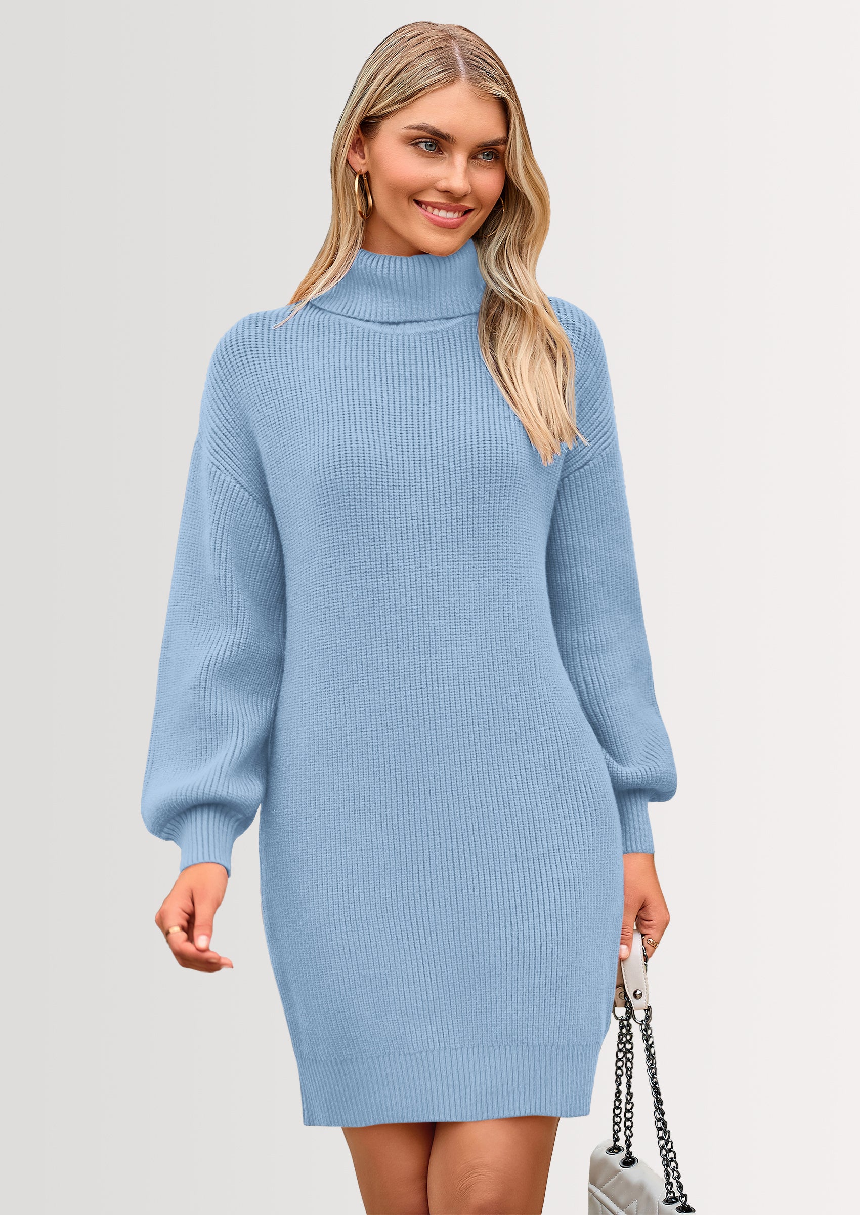 PRETTYGARDEN Sweater Dress for Women Long Puff Sleeve Turtleneck Ribbed Knit Oversized Pullover Winter Short Dress