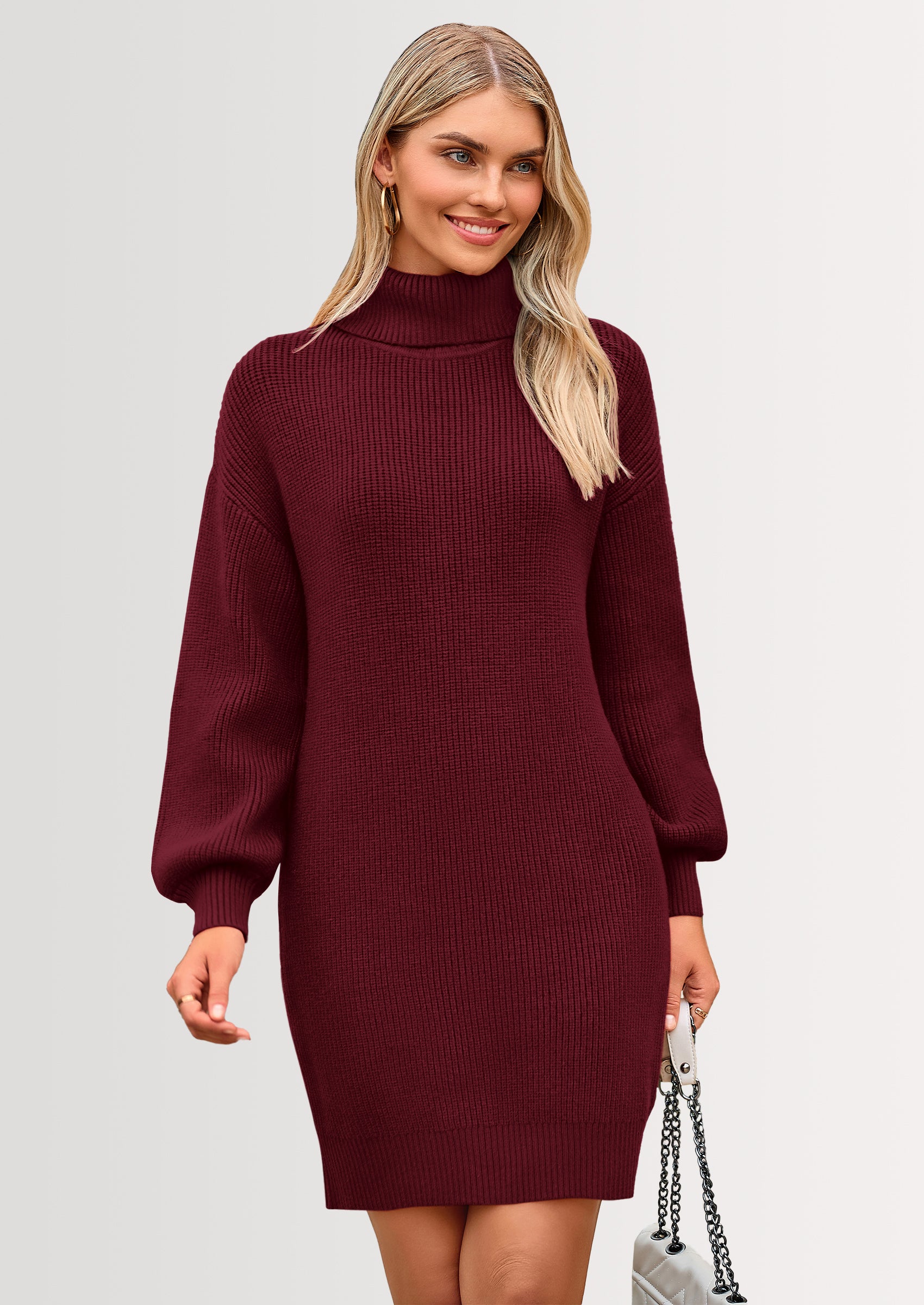 PRETTYGARDEN Sweater Dress for Women Long Puff Sleeve Turtleneck Ribbed Knit Oversized Pullover Winter Short Dress