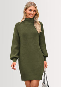 PRETTYGARDEN Sweater Dress for Women Long Puff Sleeve Turtleneck Ribbed Knit Oversized Pullover Winter Short Dress