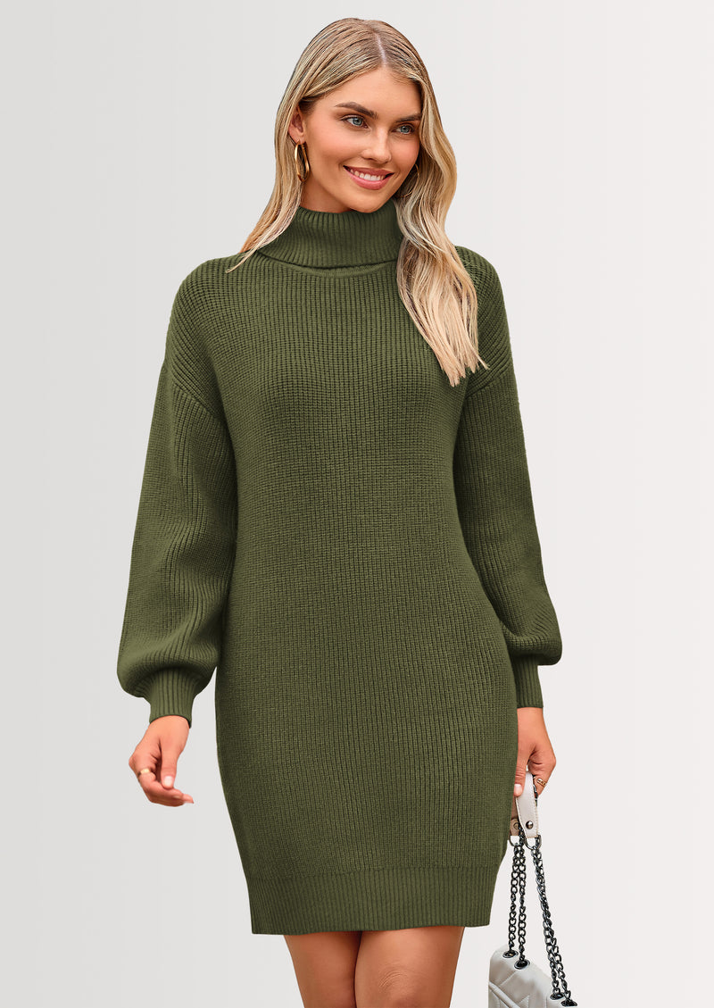 PRETTYGARDEN Sweater Dress for Women Long Puff Sleeve Turtleneck Ribbed Knit Oversized Pullover Winter Short Dress