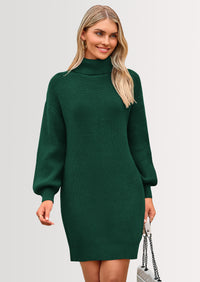 PRETTYGARDEN Sweater Dress for Women Long Puff Sleeve Turtleneck Ribbed Knit Oversized Pullover Winter Short Dress
