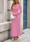 PRETTYGARDEN Women Sweater Dress Fall Fashion Long Sleeve V Neck Ribbed Knit Pleated A Line Elegant Maxi Winter Dresses