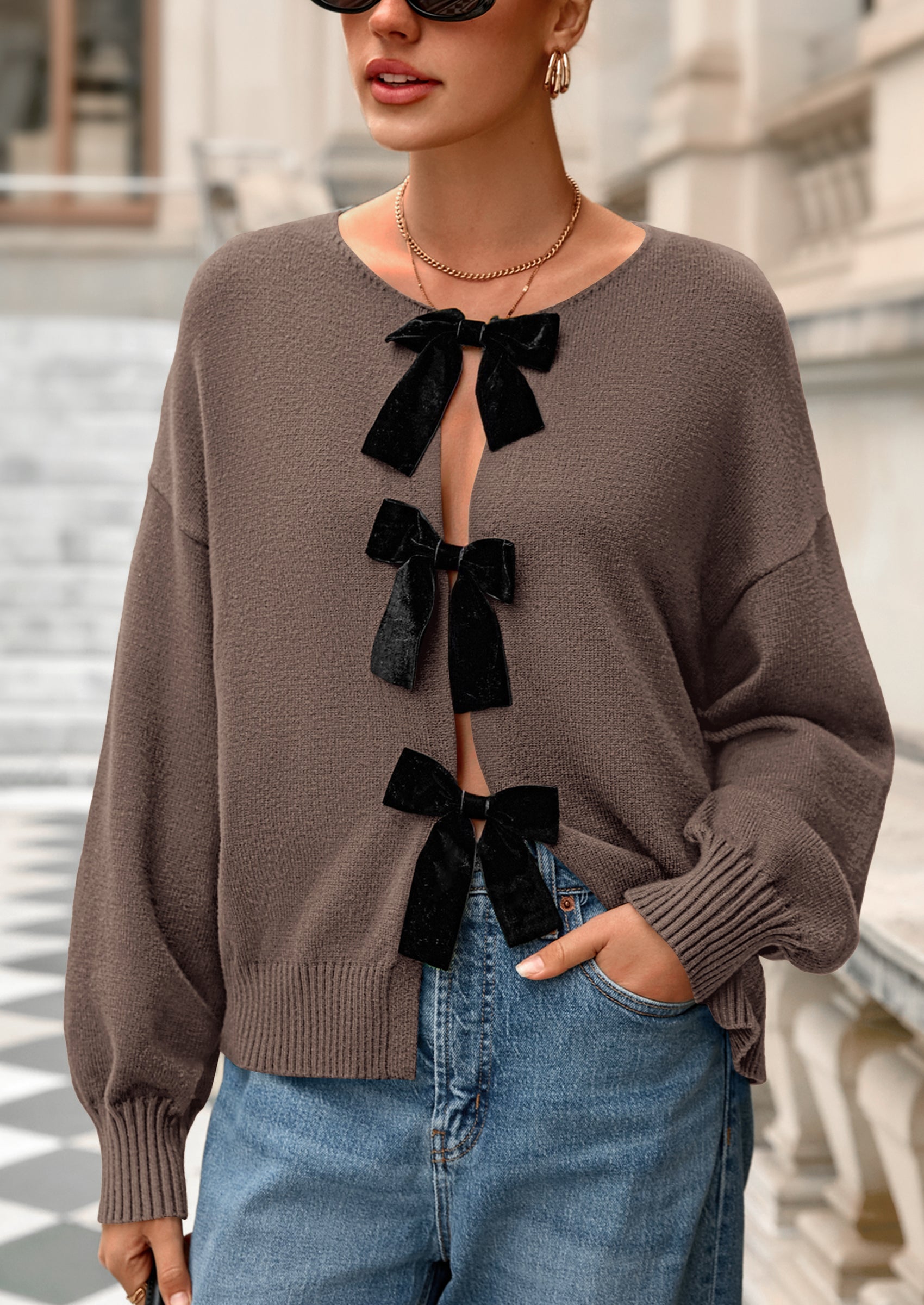 PRETTYGARDEN Cardigan Sweaters for Women Fall Bow Tie Front Long Sleeve Knit Sweater Tops Cute Going Out Outfits