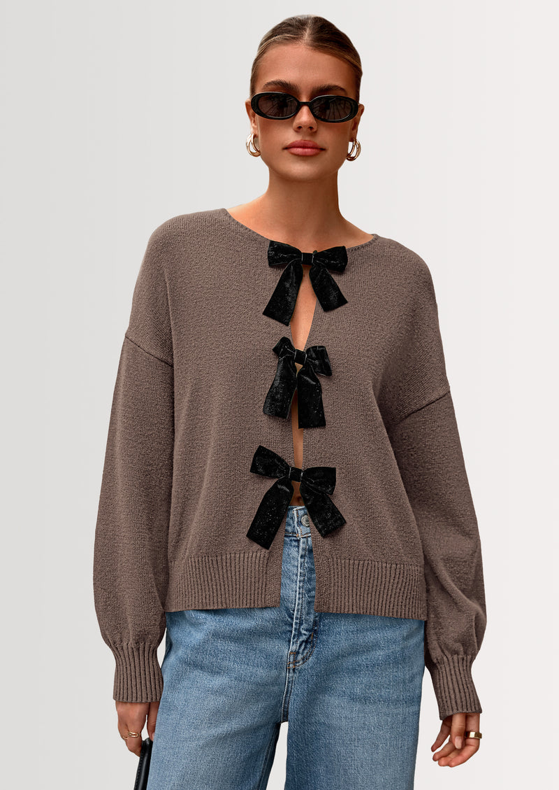 PRETTYGARDEN Cardigan Sweaters for Women Fall Bow Tie Front Long Sleeve Knit Sweater Tops Cute Going Out Outfits