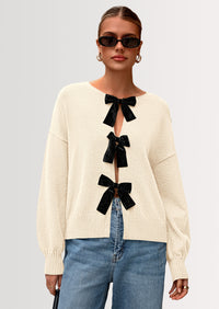 PRETTYGARDEN Cardigan Sweaters for Women Fall Bow Tie Front Long Sleeve Knit Sweater Tops Cute Going Out Outfits