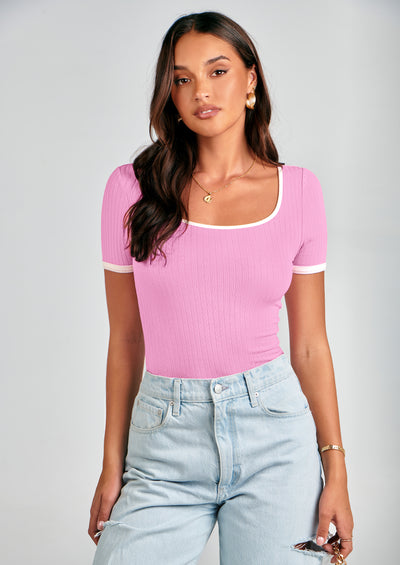PRETTYGARDEN Women's Summer Short Sleeve T Shirts Ribbed Knit Square Neck Color Block Slim Fit Basic Casual Crop Tops Blouses