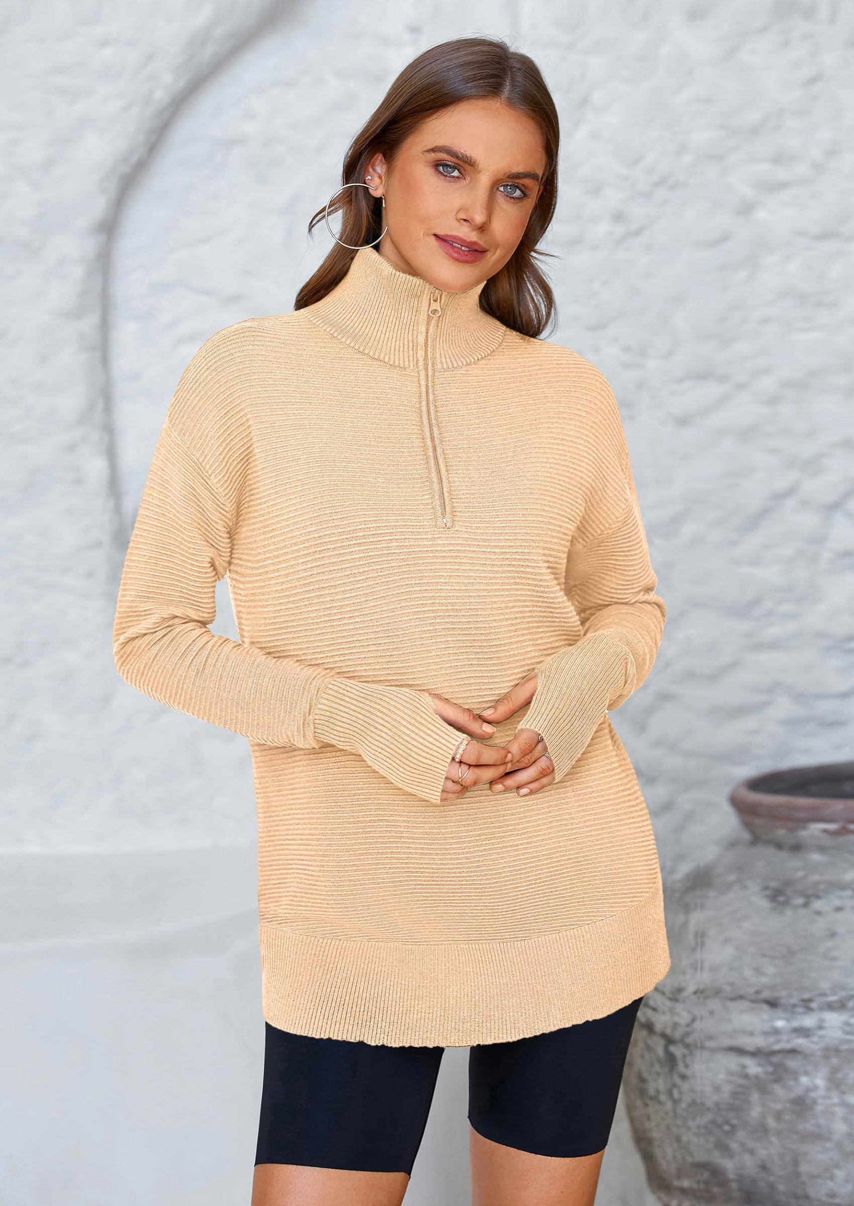 PRETTYGARDEN Womens Long Sleeve Quarter Zip Pullover Sweater Casual Loose V Neck Collared Ribbed Knit Jumper Tops Thumb Hole