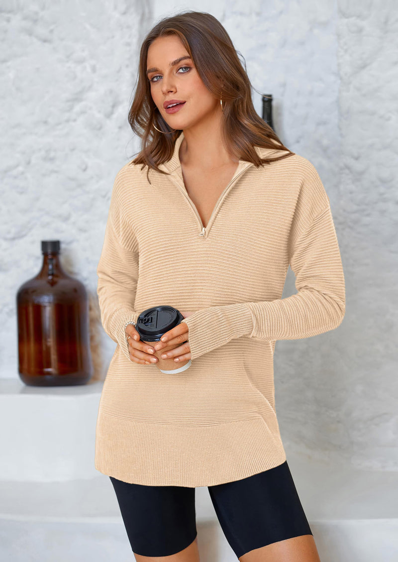 PRETTYGARDEN Womens Long Sleeve Quarter Zip Pullover Sweater Casual Loose V Neck Collared Ribbed Knit Jumper Tops Thumb Hole